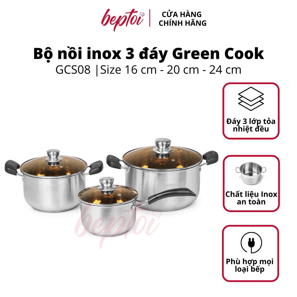 Bộ nồi inox cao cấp 3 đáy, nồi chống dính bếp từ Green Cook GCS08-T1