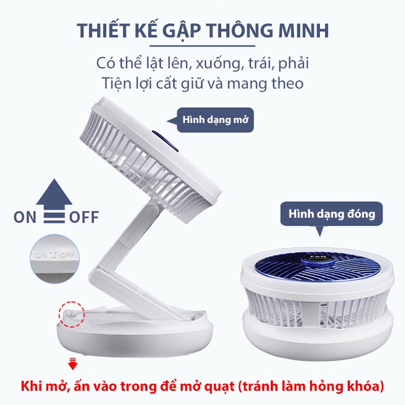 Quạt mini tích điện JIASHI gấp gọn để bàn tích hợp đèn ngủ 4 tốc độ gió dung lượng pin lớn 2400mAh QMN05