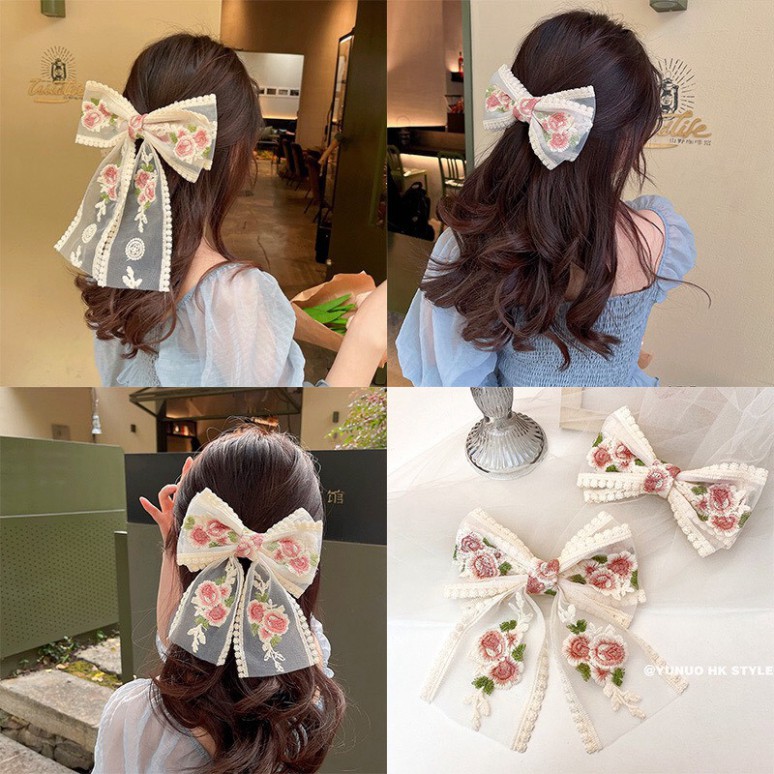 Kẹp tóc nơ ren thêu hoa hồng phong cách hàn quốc tiểu thư cổ điển retro