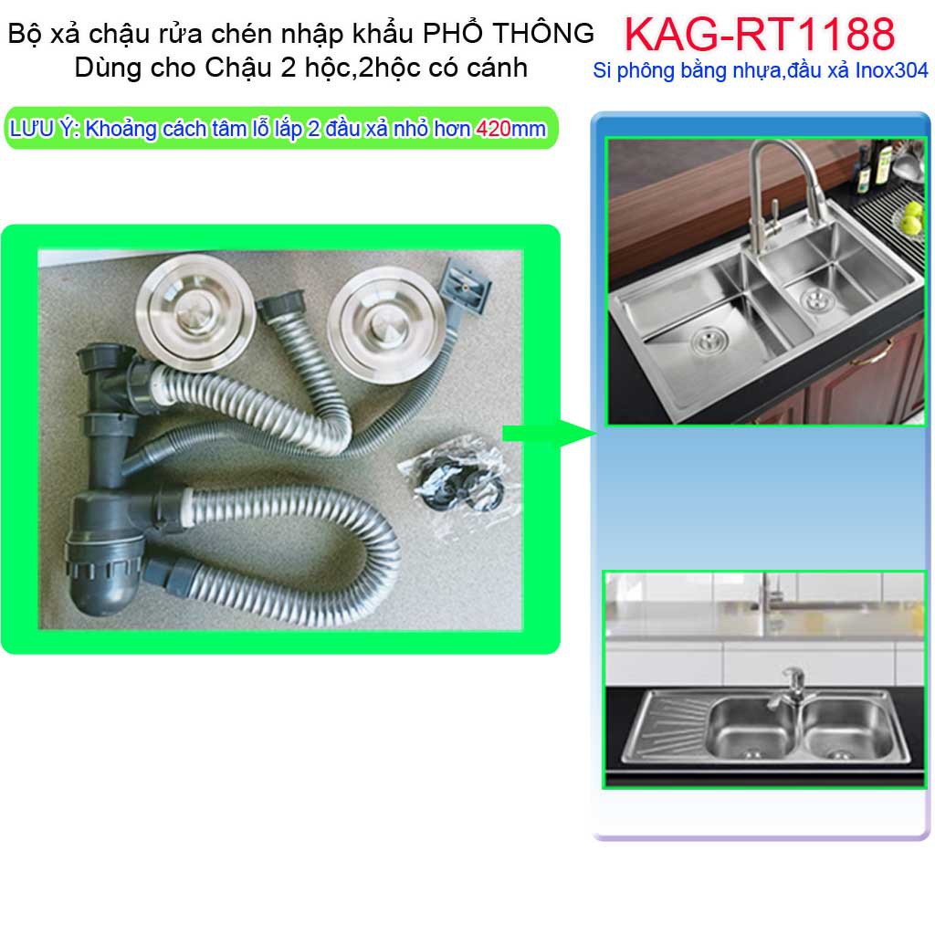 Bộ xả chậu chén bát 2 hố trọn bộ, ống xả xi phông chậu rửa chén bát 2 hộc KAG-RT1188