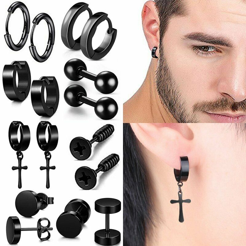 1Pair Punk Black Multiple Styles Stainless Titanium Steel Ear Stud Earrings For Men and Women Gothic Street Pop Hip Hop Ear Jewelry