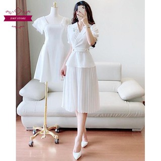 Váy đầm trắng chân xếp li dáng dài SKU 0213