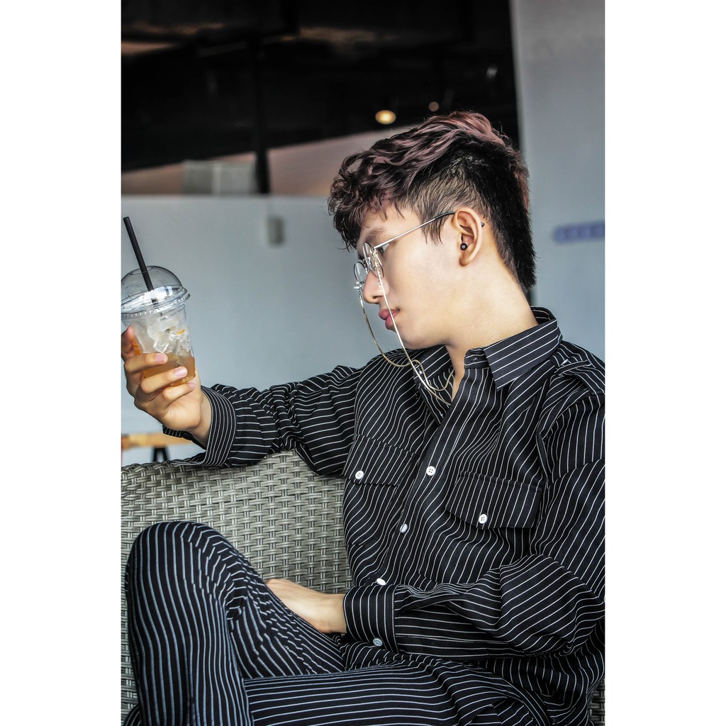 Sơ mi nam Retro Style đen kẻ sọc trắng