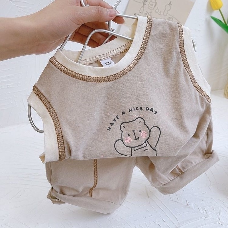 Set đồ mùa hè 2 món gồm áo ba lỗ cotton nguyên chất in họa tiết hoạt hình + quần ngắn mỏng thời trang cho bé trai