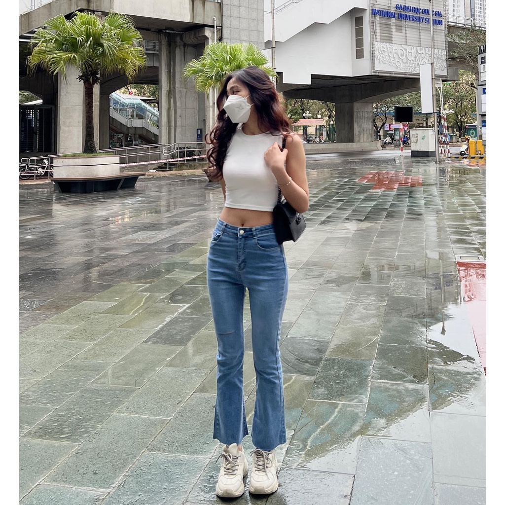 [Mã SKAMFSW175 giảm 10K đơn 50K] Quần jean ống loe rách đùi chất jean dày dặn Miho house