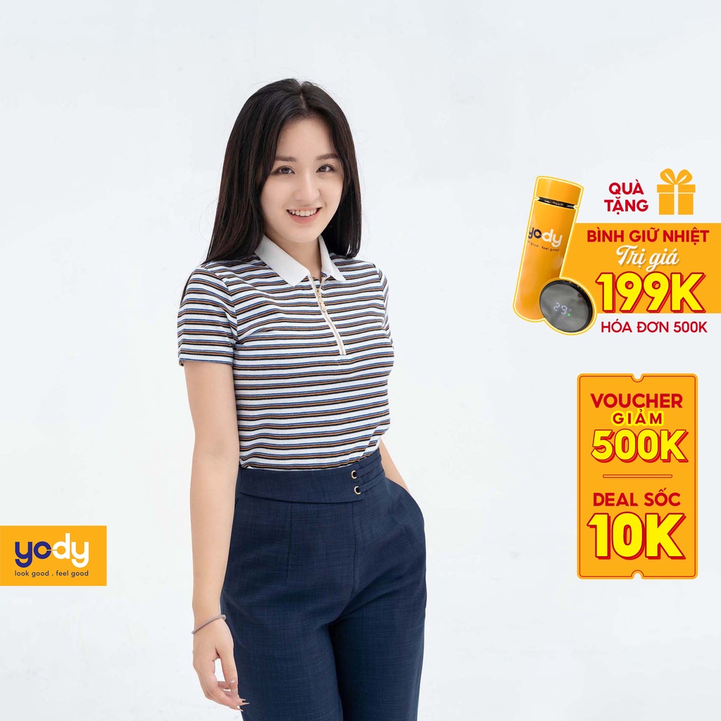 Áo Polo YODY Nữ kẻ ngang có khóa cổ mềm mịn thoáng mát APN3766