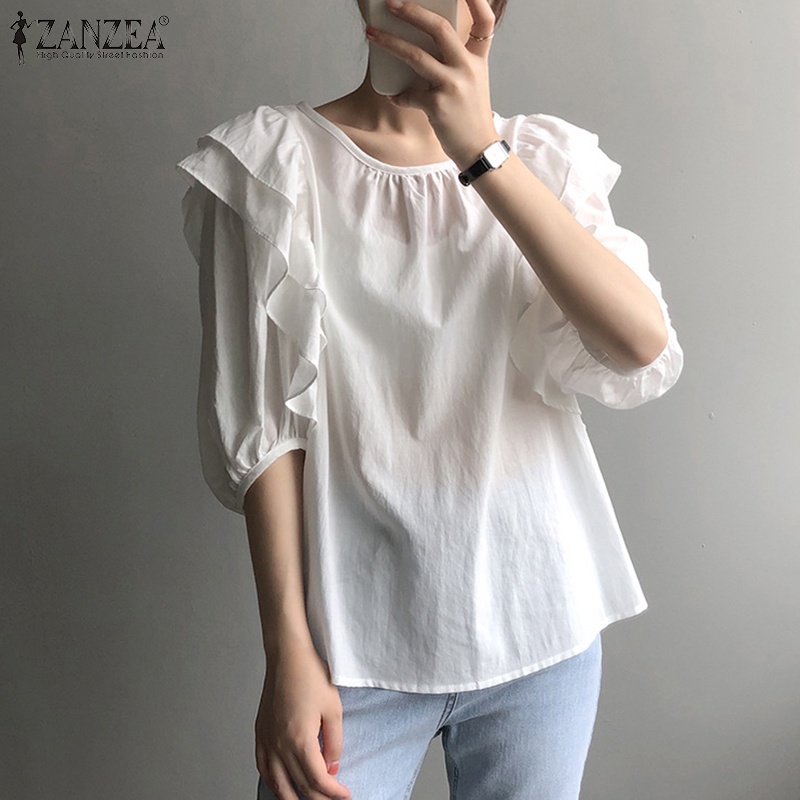 Áo kiểu Zanzea tay phồng cổ tròn màu trơn phong cách Hàn Quốc thời trang cho nữ