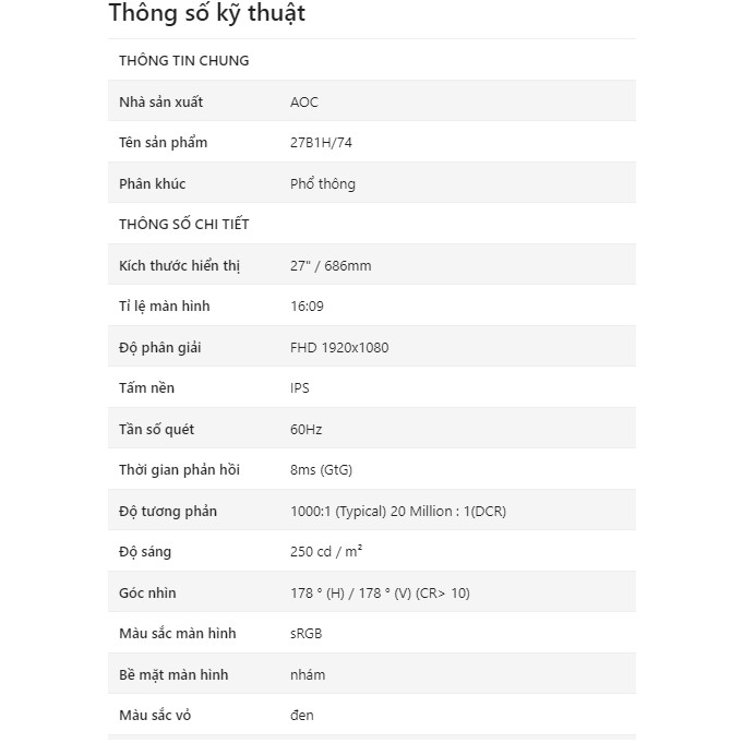 Màn hình AOC 27B1H/74 (27 inch/FHD/IPS/250cd/m²/HDMI+VGA/60Hz/5ms) | BigBuy360 - bigbuy360.vn