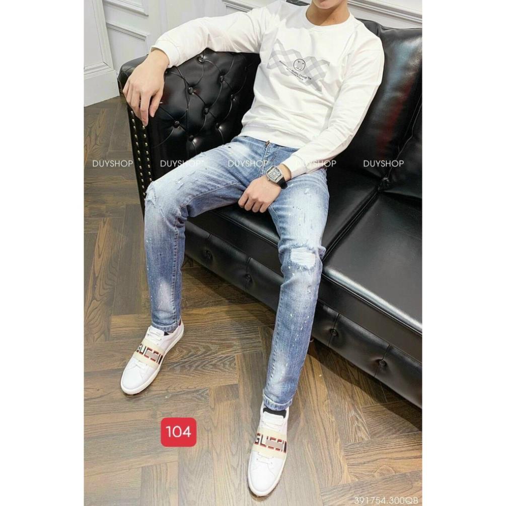 Quần jean nam rách xước cao cấp màu xanh nhạt chất bò co giãn ống đứng dáng ôm skinny Đẹp !