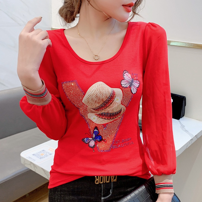 Áo lưới dài tay Áo thun dài tay nữ Đính Đá Phong Cách Mới Hot