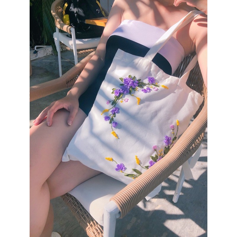 Túi Tote thêu hoa-Mẫu hoa nhí tím