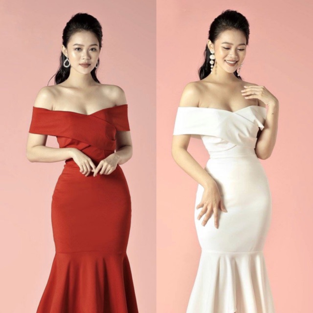 Đầm dự tiệc dáng ôm body bẹt vai đắp chéo đuôi cá kèm ảnh thật