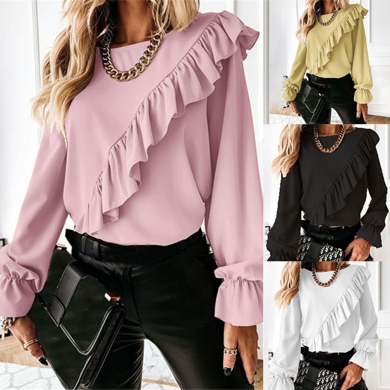 Áo Kiểu Cổ Tròn Tay Dài Loe Dài Phối Bèo Thời Trang Mùa Hè Xinh Xắn Cho Nữ