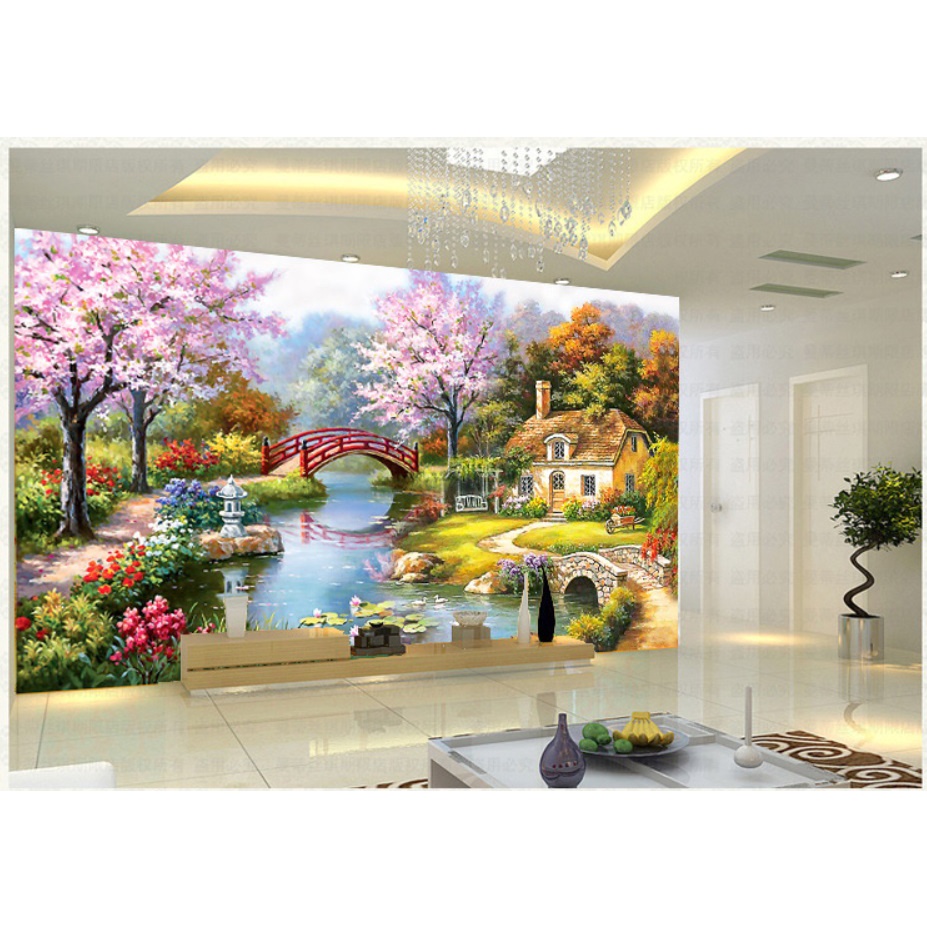 Tranh thêu chữ thập phong cảnh ngôi nhà, tổ ấm hạnh phúc 237x124cm, 195x103cm, 153x82cm