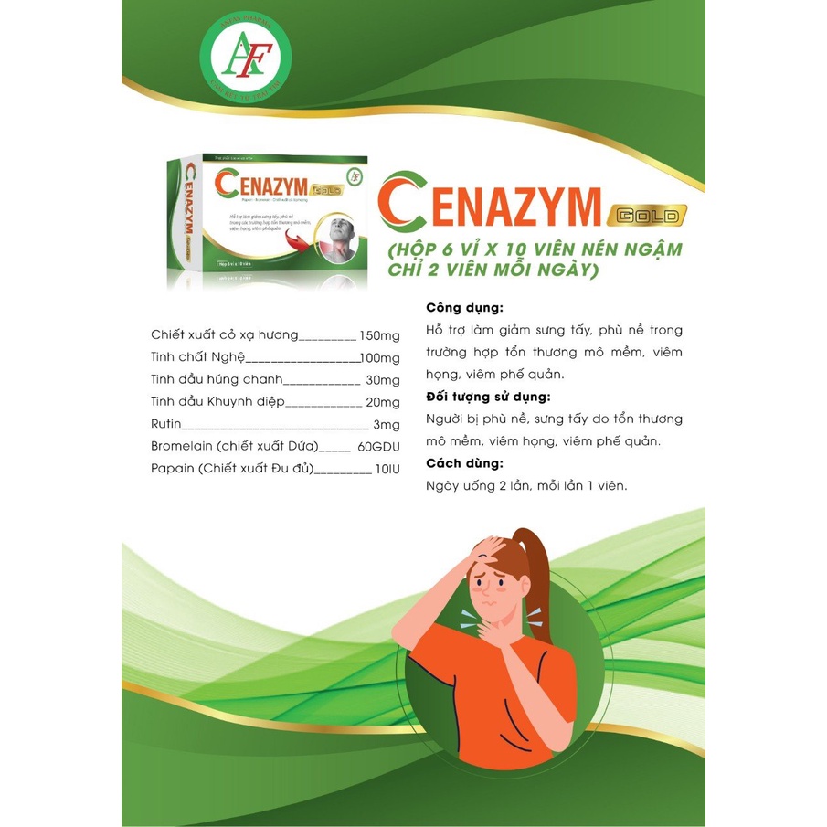 Cenazym gold Hộp 6 vỉ x 10 viên, giảm phù nề, sưng tấy do viêm họng, viêm phế quản, tổn thương mô mềm