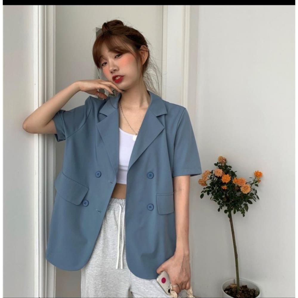 Áo vest-blazer vạt bầu cộc tay dáng suông vải trượt mặc mùa hè H100