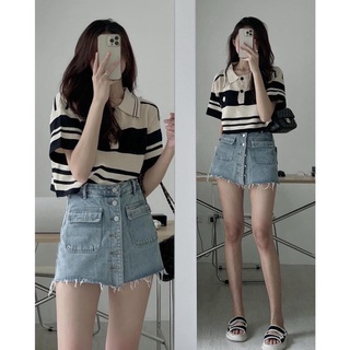 Áo len ngắn tay mongtoghi kẻ ngang cổ polo Rosie Dream Shop