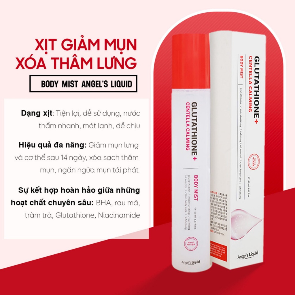 Xịt giảm mụn lưng Angel's Liquid Glutathione Plus Centella Calming Body Mist 150ml