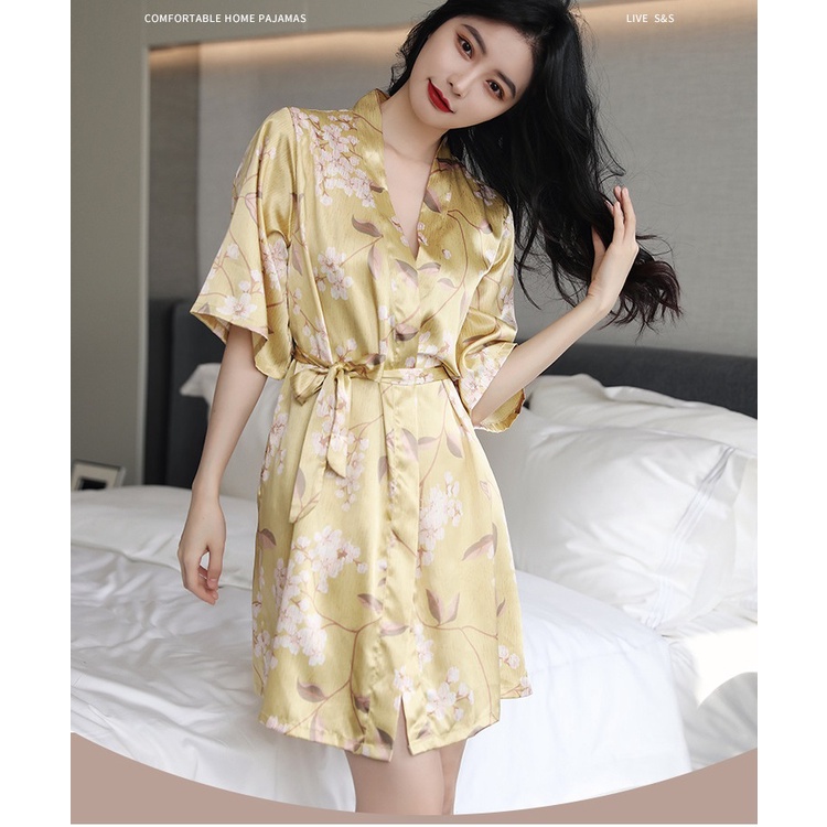 Áo Kimono Ngủ Lụa  Yukata Mặc Nhà  Áo Choàng Tắm IVY242