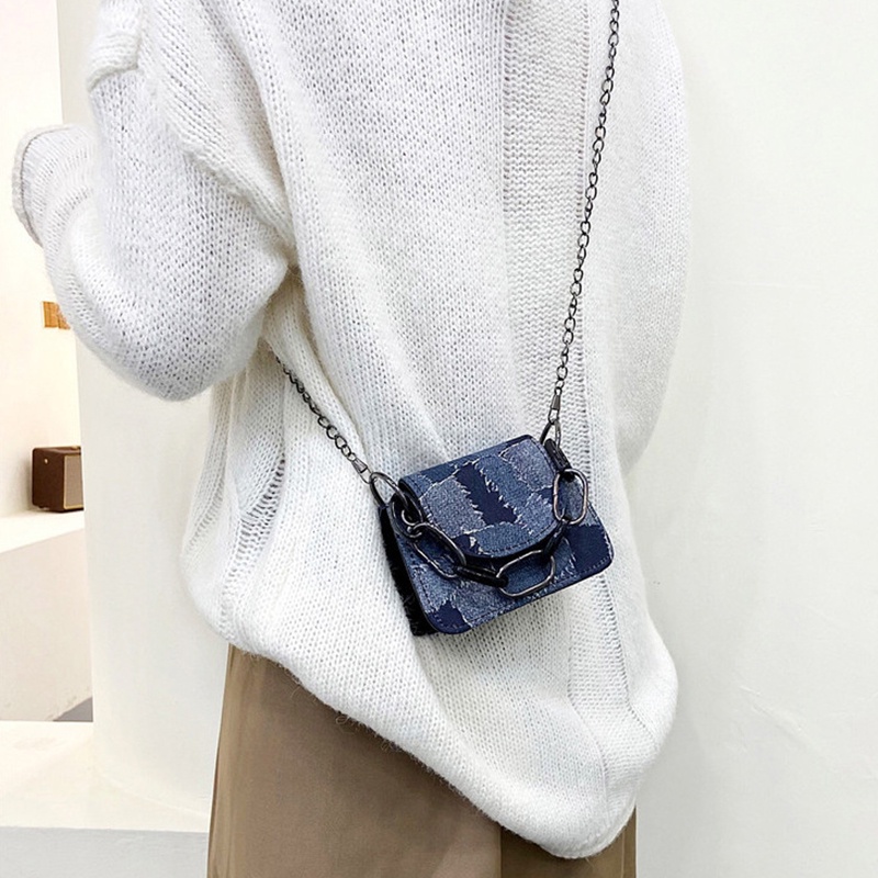 Túi đeo vai IELGY bằng denim có dây đeo dạng xích thời trang dành cho nữ