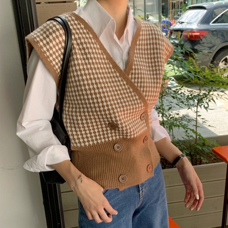 Áo gile kẻ caro phối cúc Forgirl kiểu dáng Hàn Quốc hiện đại