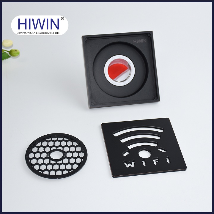 Phễu thoát sàn ngăn mùi hôi thoát nước nhanh đồng mạ đen kích thước 100x100mm HIWIN FD-1418B