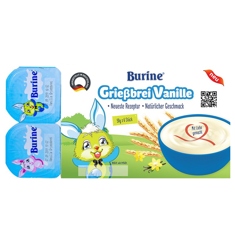 Cháo sữa và Pudding Burine dạng hũ vị vani / bích quy (lốc 6 hộp x 50g) hàng tặng không bán