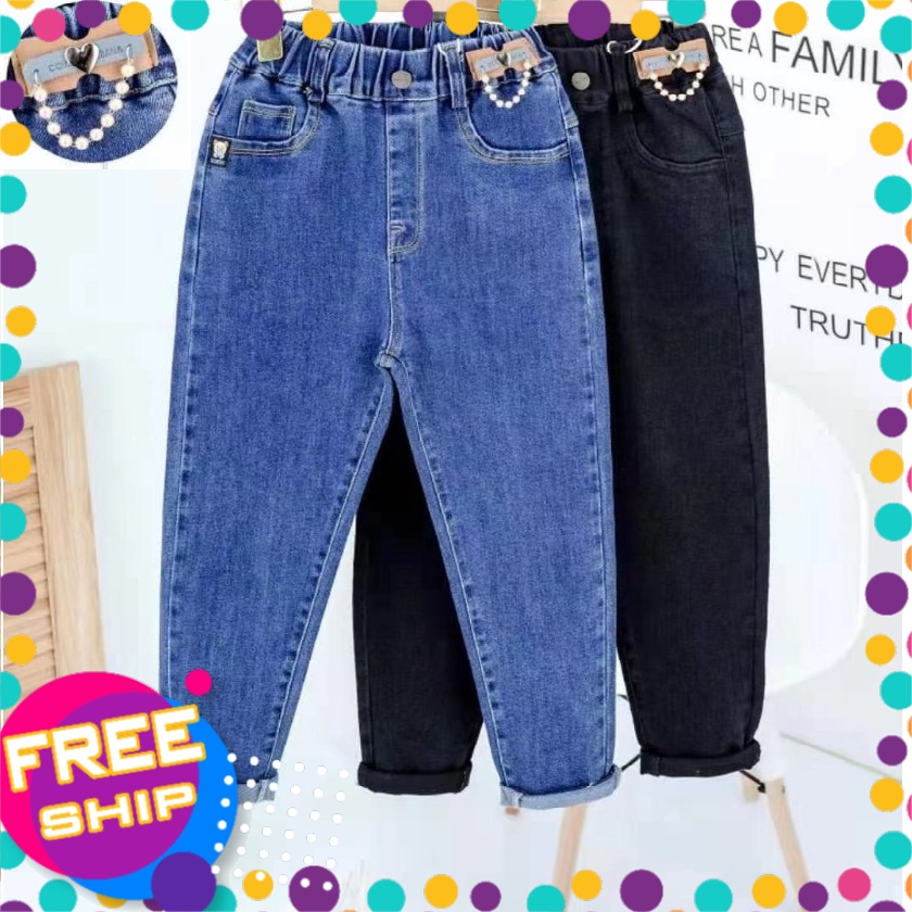Quần jean dáng baggy bé gái 6-12 tuổi họa tiết dây hạt, Quần bò cho bé co giãn cực tốt khỏe khoắn thời trang
