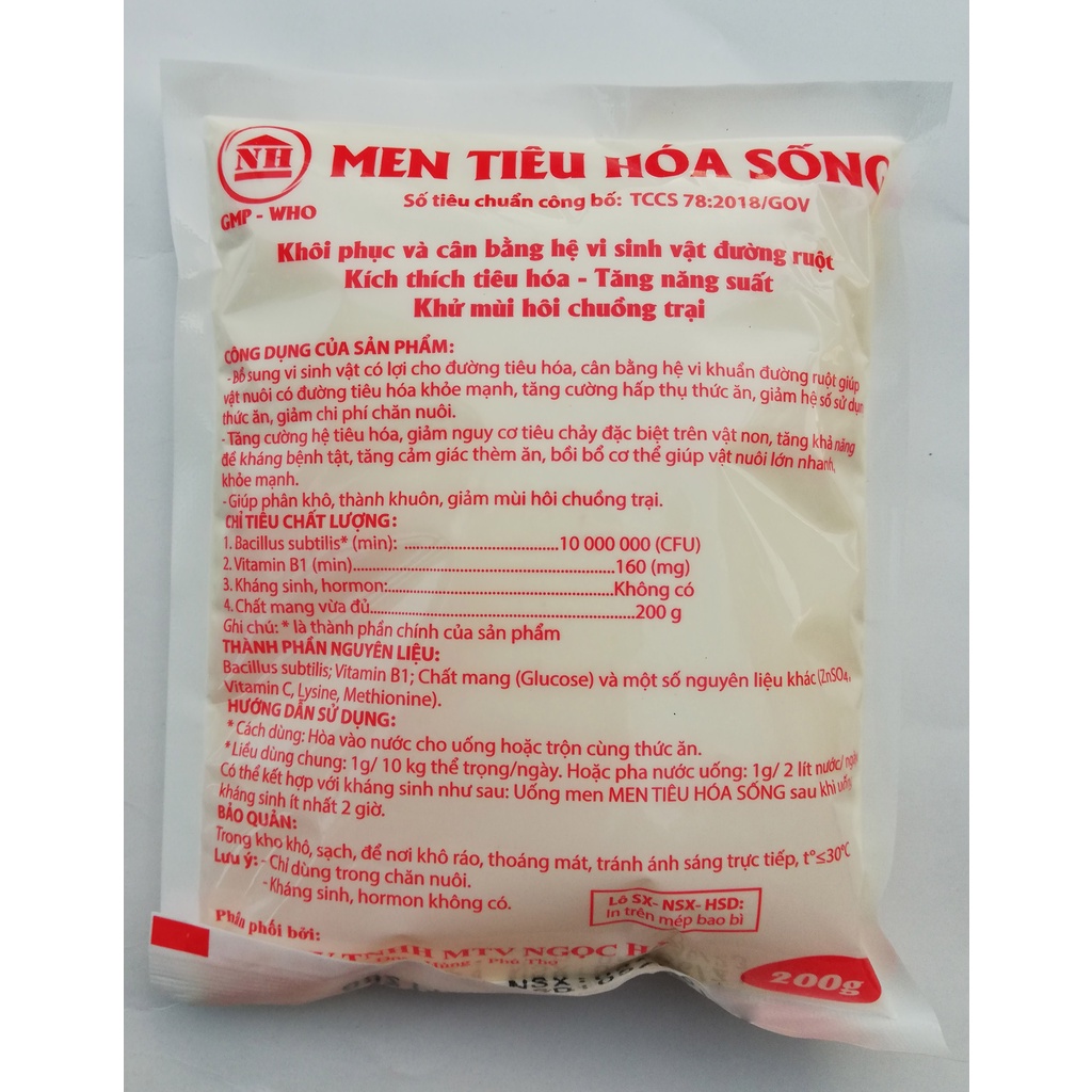1 gói MEN TIÊU HÓA SỐNG 200g Cân bằng hệ vi sinh đường ruột, kích thích têu hóa, tăng năng suất, khử mùi hôi chuồng trại