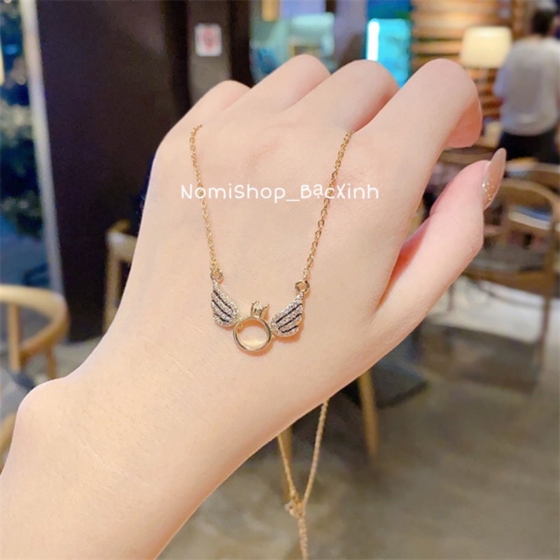 Dây chuyền bạc. Mặt nhẫn đá cao mix 2 cánh thiên thần mới lạ đầy duyên dáng, cánh thiên thần gắn đá long lanh - NomiShop