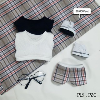 [ outfit doll ] Set áo gile quần caro cho bé doll 15,20cm