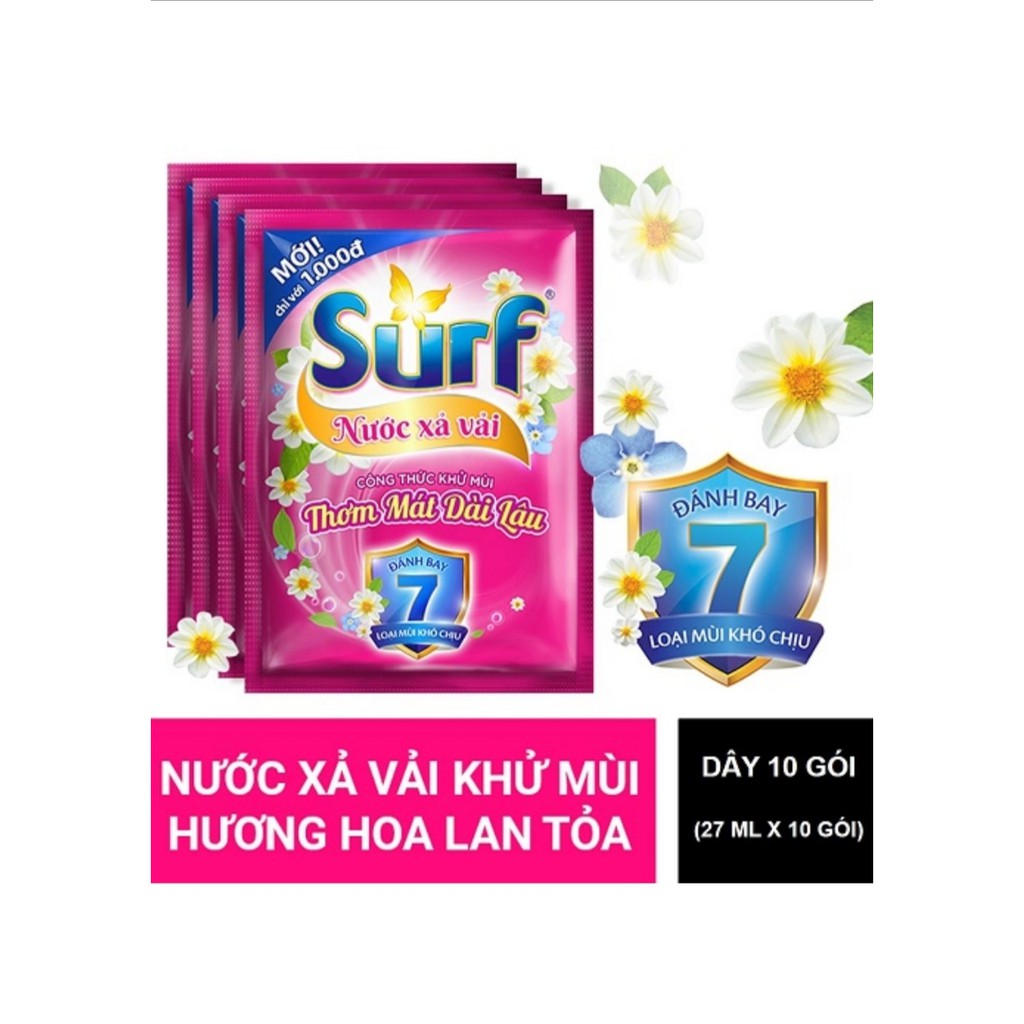 Nước Xả Vải SURF dây 10 gói x 22ml Khử Mùi Hương Hoa Lan Tỏa (Hồng) và Hương Hoa Lôi Cuốn (Tím) 22 ml