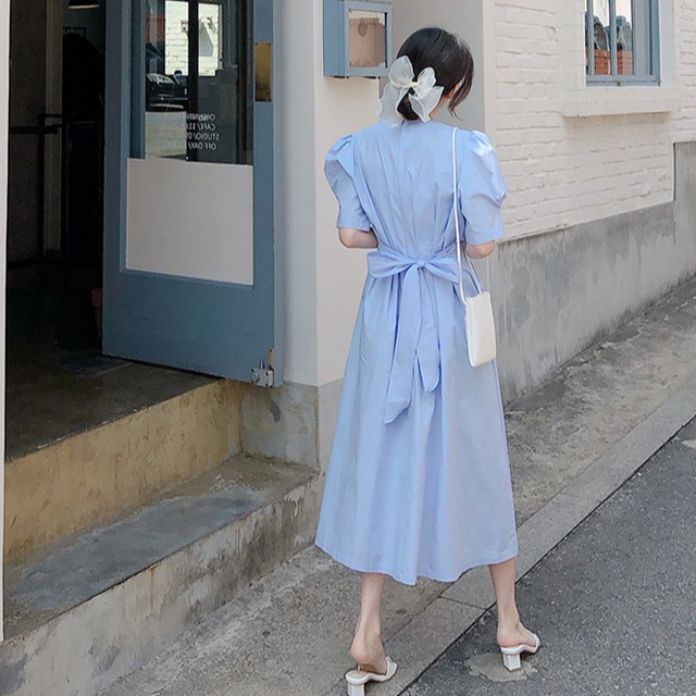 Đầm tay phồng cổ tròn màu trơn xinh xắn cho nữ 42997