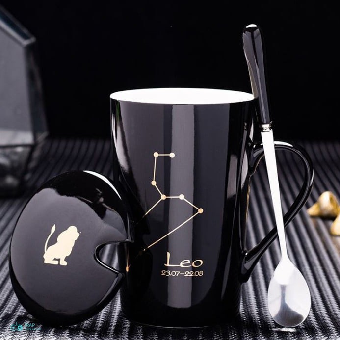 Ly cốc sứ in hình 12 cung hoàng đạo có nắp, tặng kèm thìa dung tích 450 ml dùng để uống nước pha cà phê pha trà - Ráp