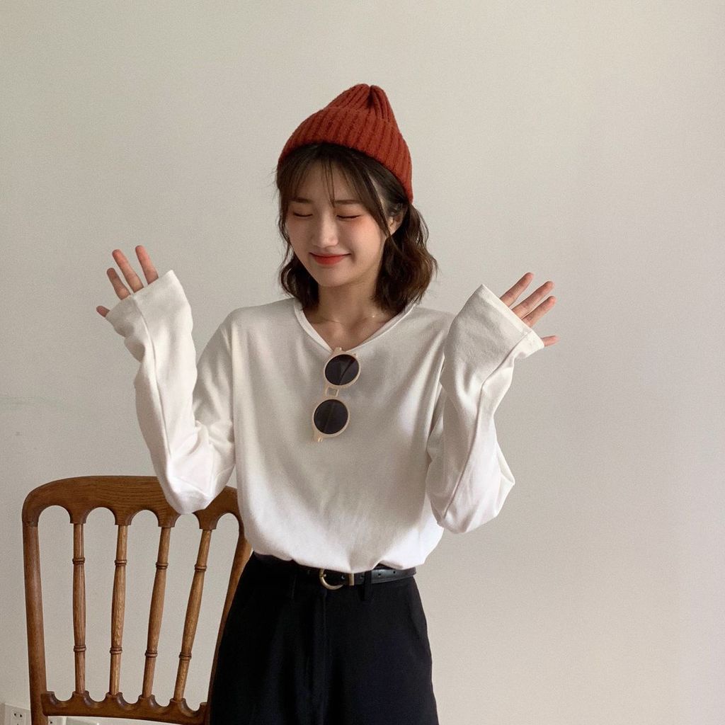 Áo Thun Tay Dài Cổ Tròn Màu Sắc Đơn Giản Dành Cho Nữ