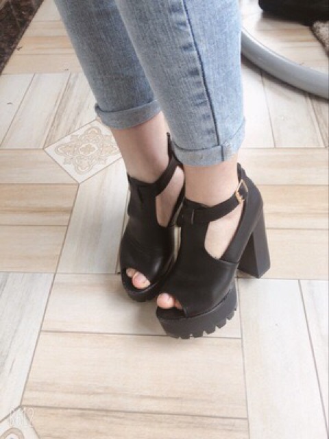 Giày cao gót hở mũi gót vuông 12cm HI205 boots đen