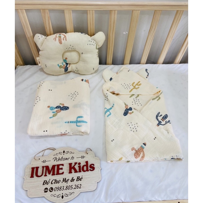Set chăn gối sơ sinh hoạ tiết xương rồng, vải xô Muslin cao cấp thương hiệu IUME Kids