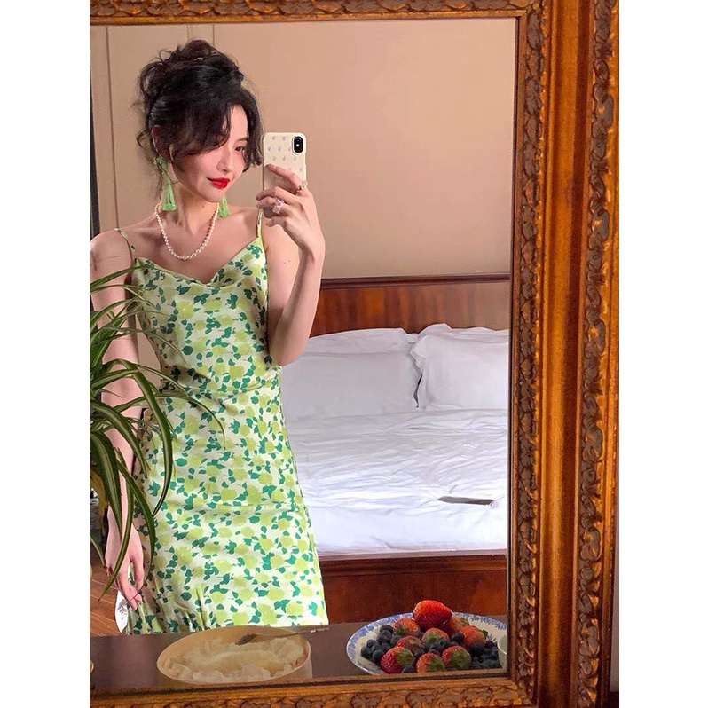 Váy đầm hai dây xẻ tà sexy cổ vuông màu xanh hoa lá cây mùa xuân hotrend 2022