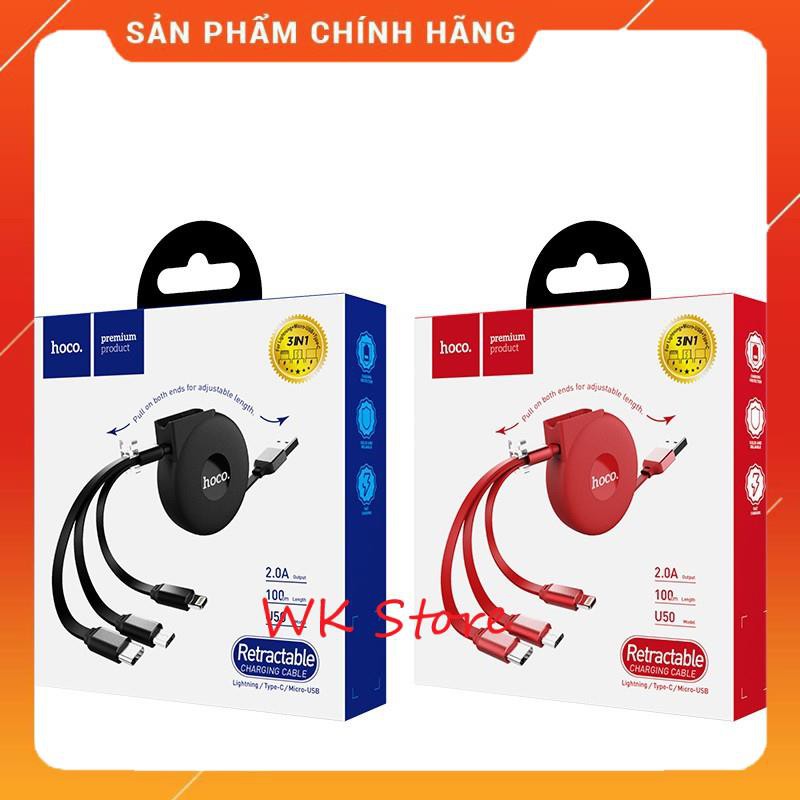 Cáp sạc 3 in 1 dây rút Hoco U50 (Micro, Lightning, Type-C) (BH 1 năm)