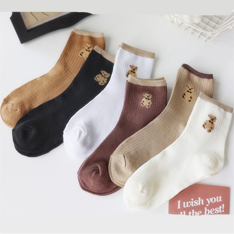 Tất vớ nữ cổ cao hình gấu cute dễ thương cotton dày đẹp phong cách Hàn Quốc Chichi T07