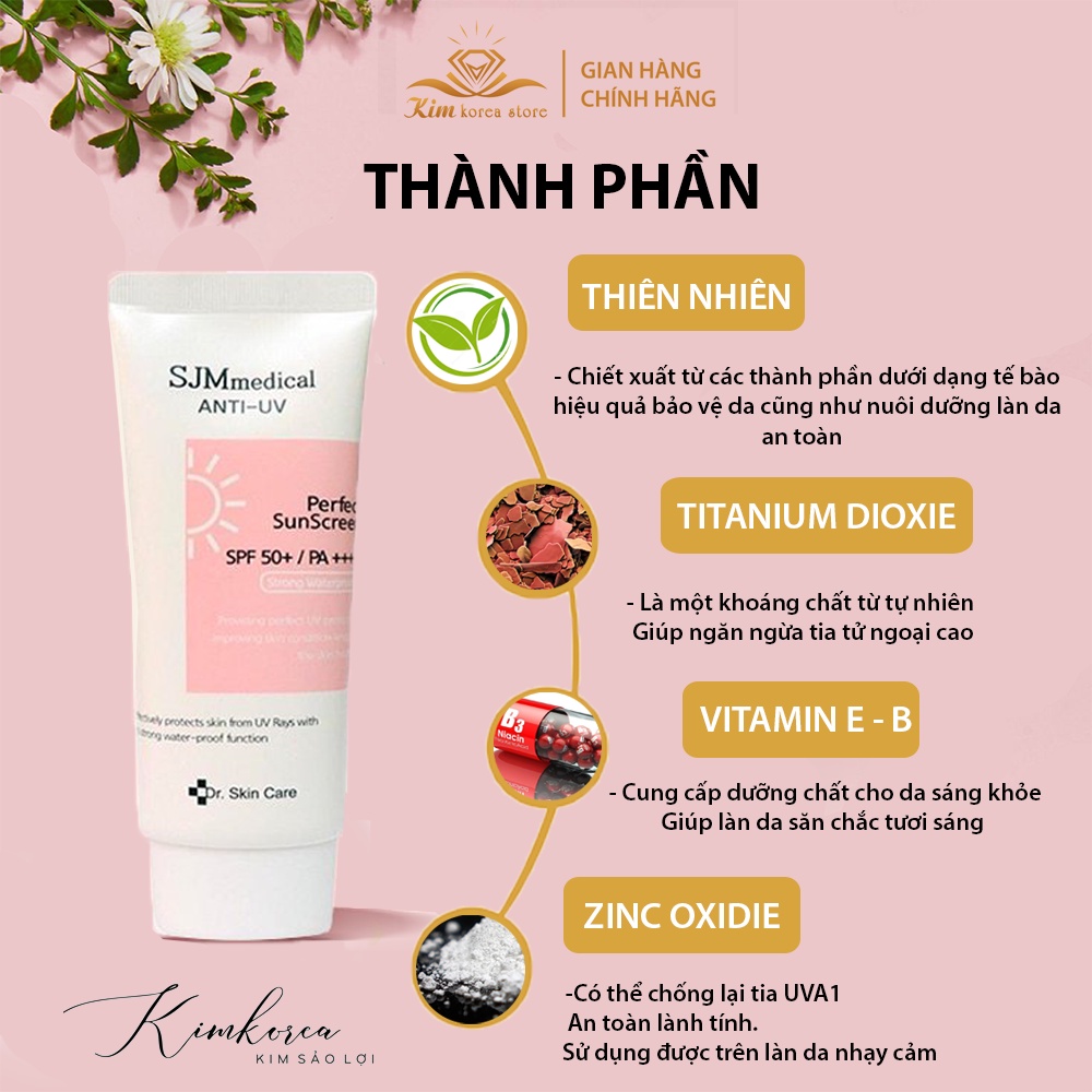 Kem chống nắng vật lý nâng tone kiềm dầu mỏng nhẹ chống thấm nước SJM Medical Anti - uv spf50+pa++++ KCN02