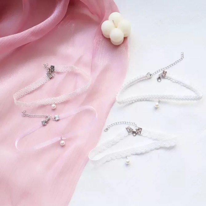 Vòng Cổ choker Nhung Trắng Đính Ngọc Trai Nhân Tạo Phong Cách Nhật Bản