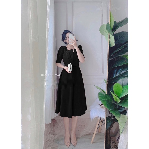 Đầm dự tiệc tay phồng xếp li ngực cách điệu tay lửng