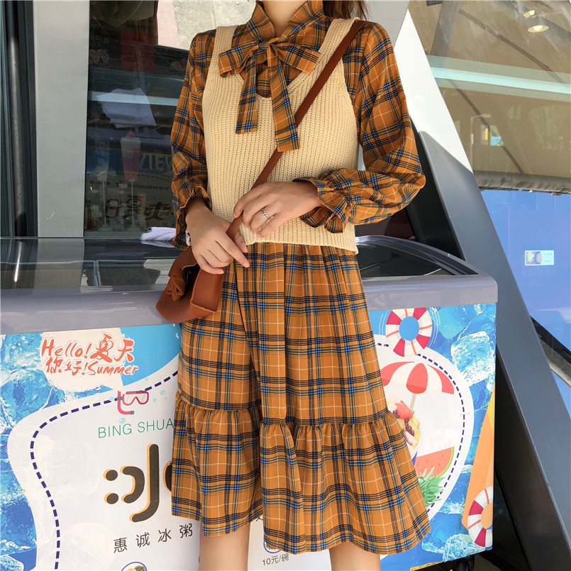 Set đầm nơ kẻ dài tay ulzzang - u.w