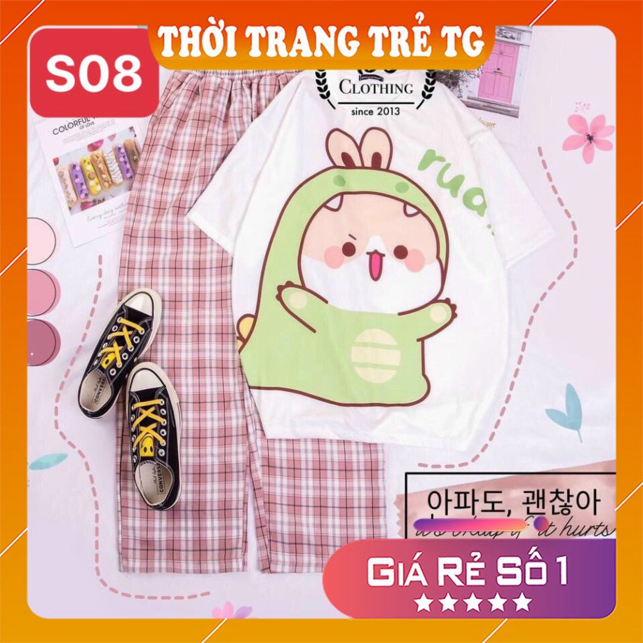 Đồ bộ nữ 𝑭𝒓𝒆𝒆𝒔𝒉𝒊𝒑 Set Đồ Bộ Quần Sọc Caro Ống Rộng S08 Tiểu Khủng Long Freesize Form Rộng Cực Thoáng Mát