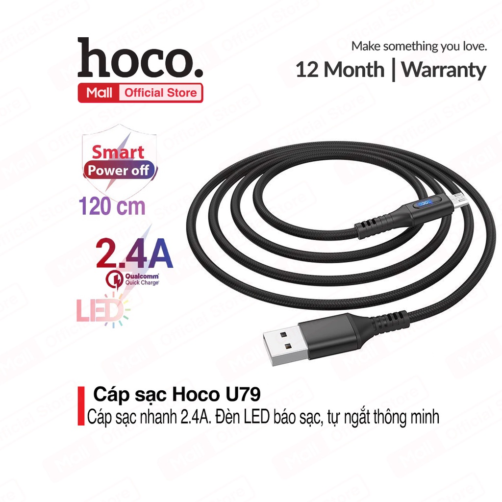 Cáp sạc nhanh và truyền dữ liệu Micro USB Hoco U79, hỗ trợ sạc nhanh 2.4A,tự ngắt sạc khi đầy pin, tích hợp đèn báo sạc