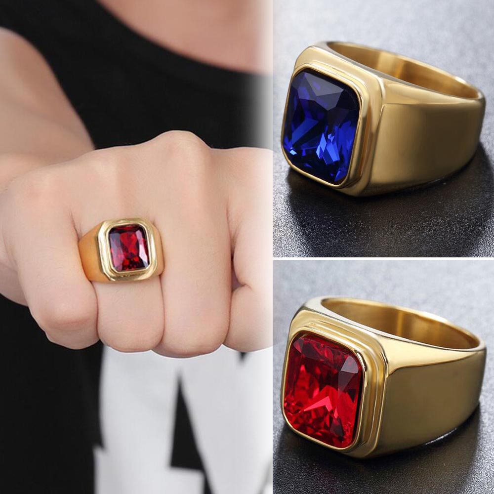 Nhẫn thép titan mạ vàng 18K đính đá Ruby Sapphire pha lê đơn giản thời trang cho nam