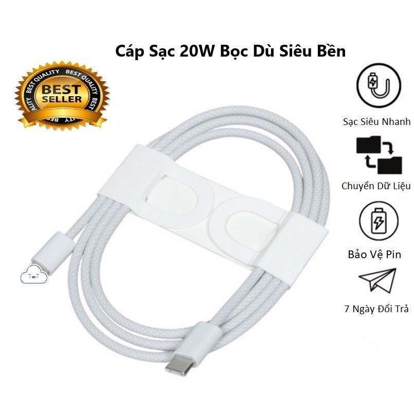 Dây Sạc Type C 20W Bọc Dù Full Box , cáp sạc nhanh 20w - Hỗ Trợ Sạc Siêu Nhanh - Dùng Cho Các Máy từ ip6 đến 13Prm