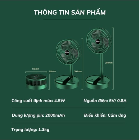 Quạt Tích Điện Mini gấp gọn - Quạt Mini Để Bàn Xoay 180 Độ, 3 Tốc Độ Gió, Pin Sạc USB Ở Bàn,Ô tô, Treo tường