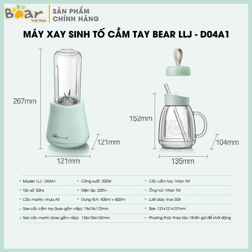 Máy Xay Sinh Tố Cầm Tay Đa Năng Bear Dung Tích 1,0L Model LLJ-D04A1